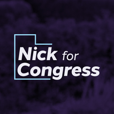 'Nick For Congress' logo on a purple background. It includes the shape of Utah outlined in a pale blue