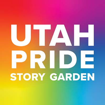 Image of a rainbow gradient with the text 'Utah Pride Story Garden'