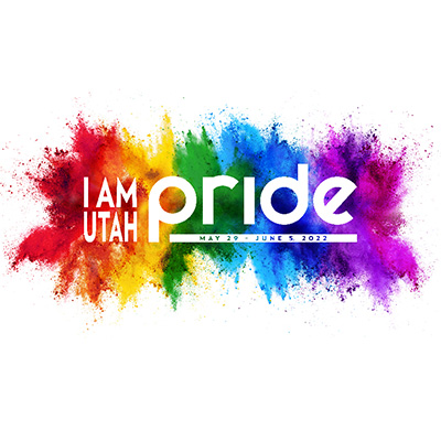 'I Am Utah Pride' overlayed on a rainbow color splash