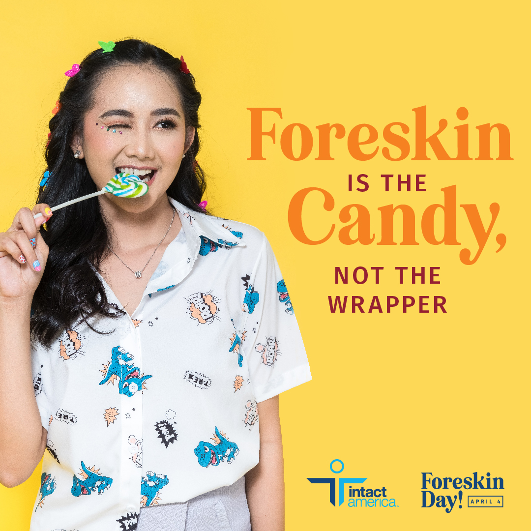Woman licking a lollipop with the text 'Foreskin is the candy, not the wrapper'