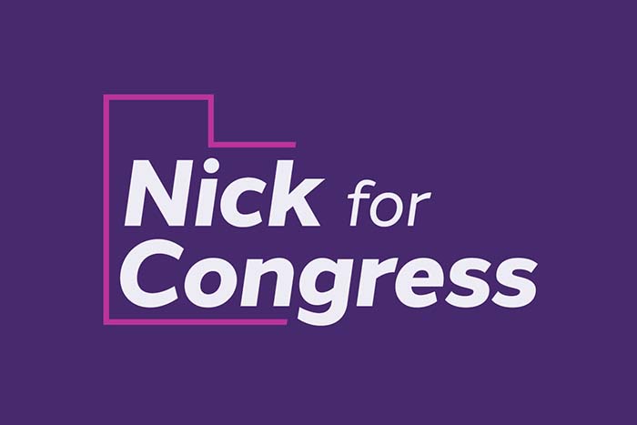White 'Nick for Congress logo' on a purple background