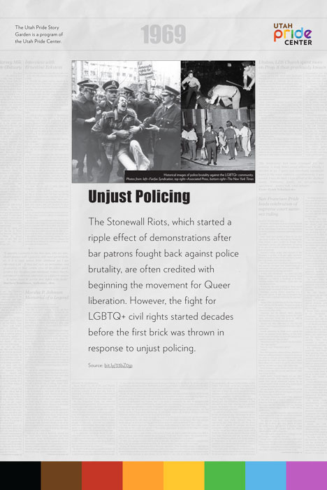 Panel with a newsprint background, images, and the text 'Unjust Pollicing' with an explanation beneath