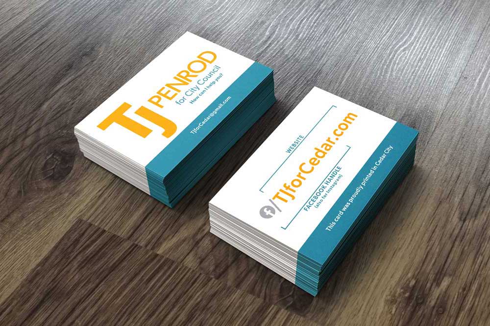 Front and back of the business cards for the campaign, featuring the TJ logo and website and social media information