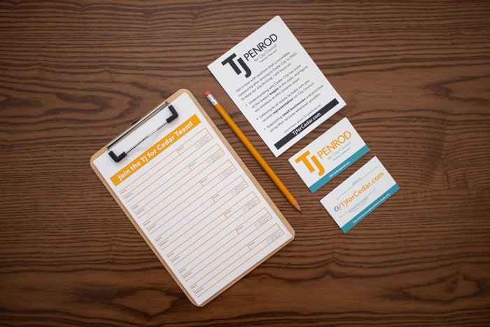 Materials for canvassing, including sign-up sheets, information cards, and business cards