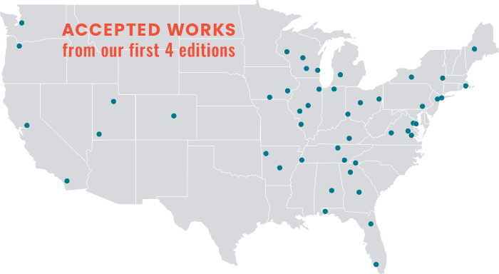 A map of the United States with dots on the location of each school accepted to the journal. It also includes the text 'Accepted works from our first 4 editions'