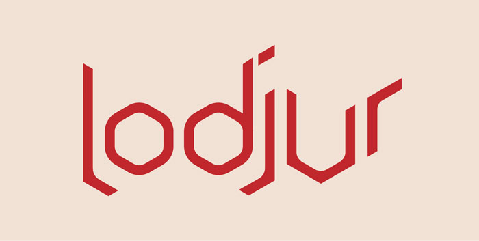 Cranberry-colored Lodjur logo on a beige background