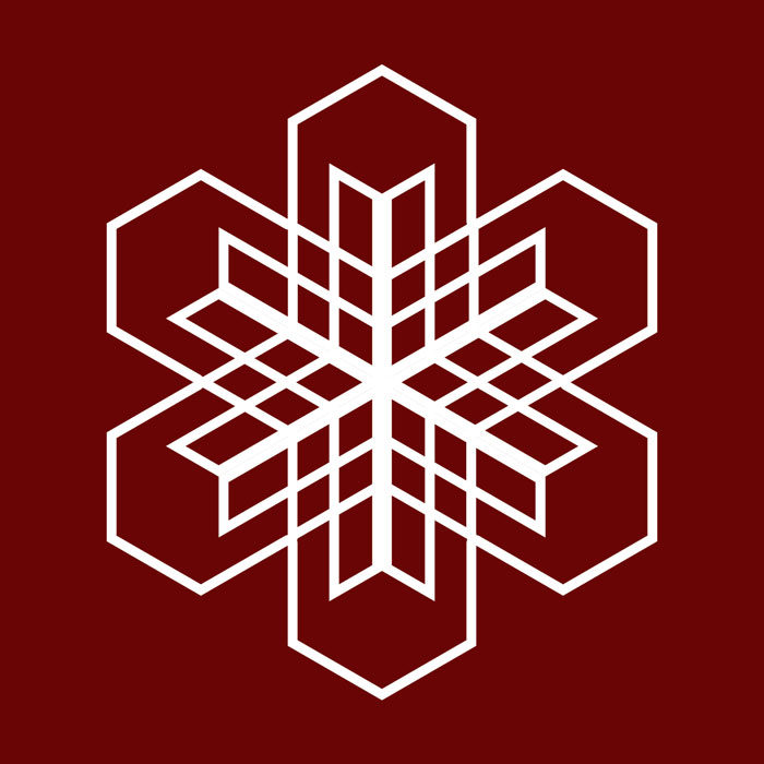 Stylized snowflake icon on a cranberry background