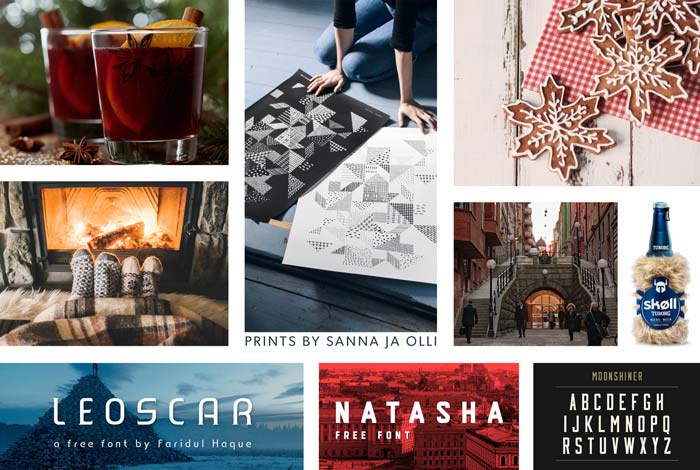 A moodboard with images of relaxation, fonts, and packaging
