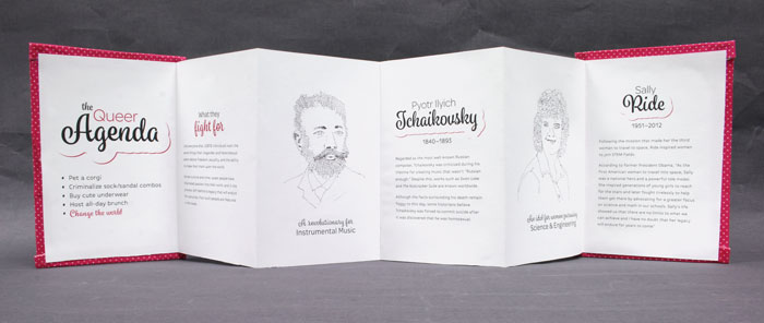 Image of the accordian book outstretched, with illustrations of Pyotr Ilyich Tchaikovsky and Sally Ride