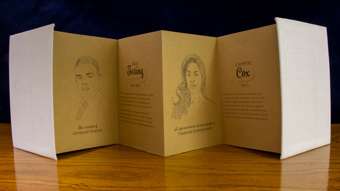 The back of the accordian, including illustrations of Alan Turing and Laverne Cox