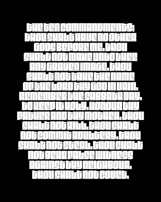 Poster of the Ten Commandments with blocky letters that are difficult to read. White text on a black background.