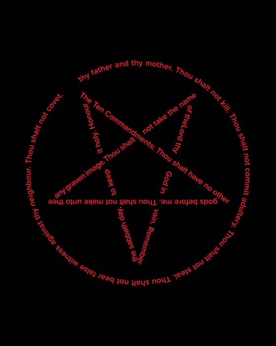 Poster of the Ten Commandments with the text arranged in a pentagram. Red text on a black background.