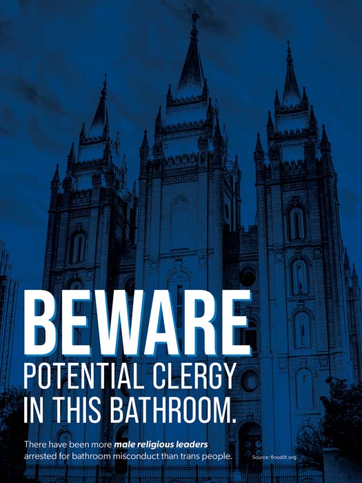 Image of the Utah capitol building with a red overlay. On top, there is text that says 'Beware potential legislators In this bathroom. There have been more male Republican legislators arrested for bathroom misconduct than trans people.'