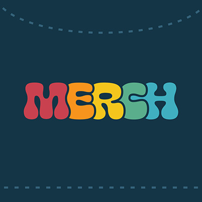 The word 'merch' in a retro font