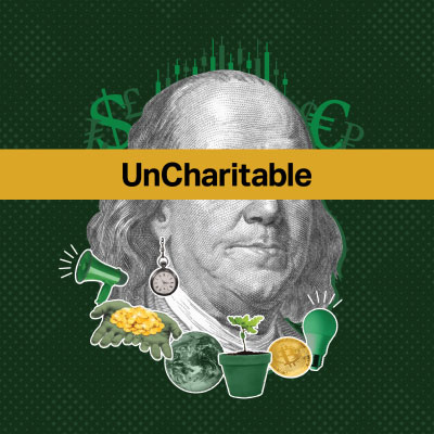 'Uncharitable' on a collage image of money symbols