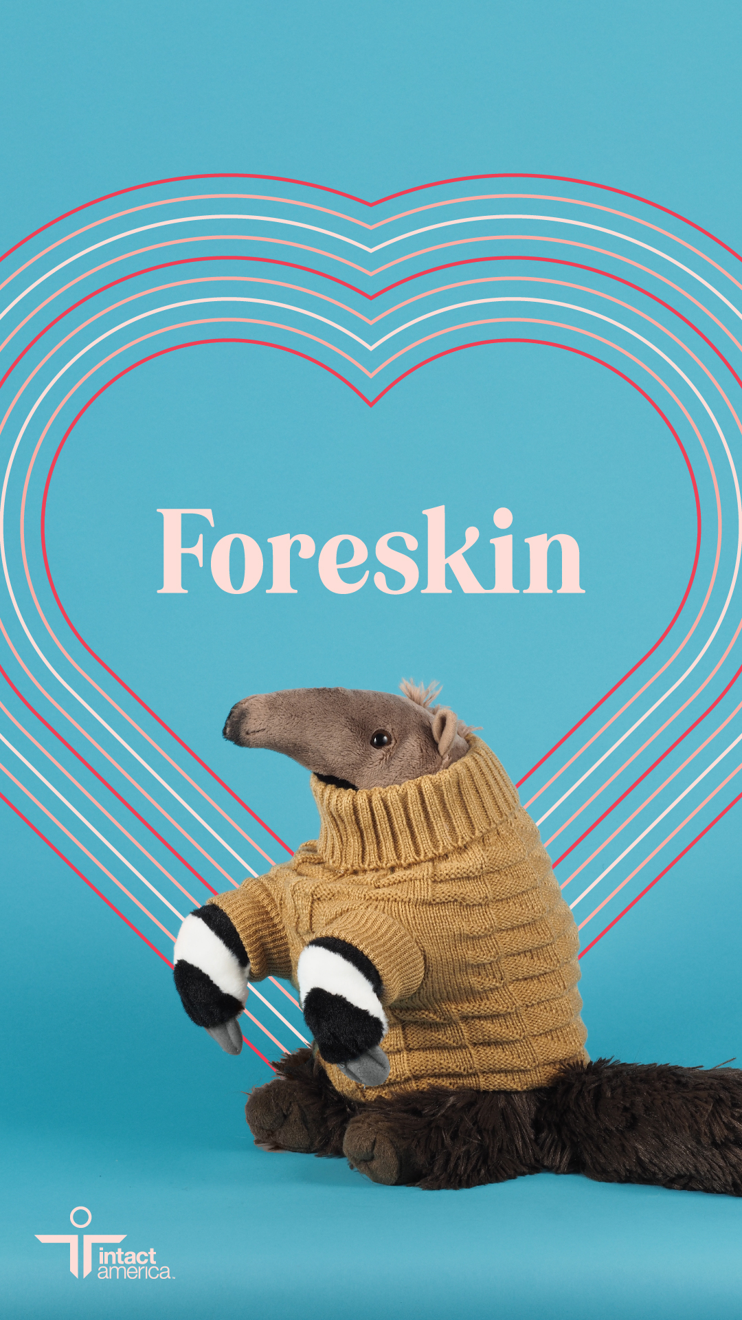Image of an anteater plush wearing a turtleneck and the text 'foreskin' inside a heart