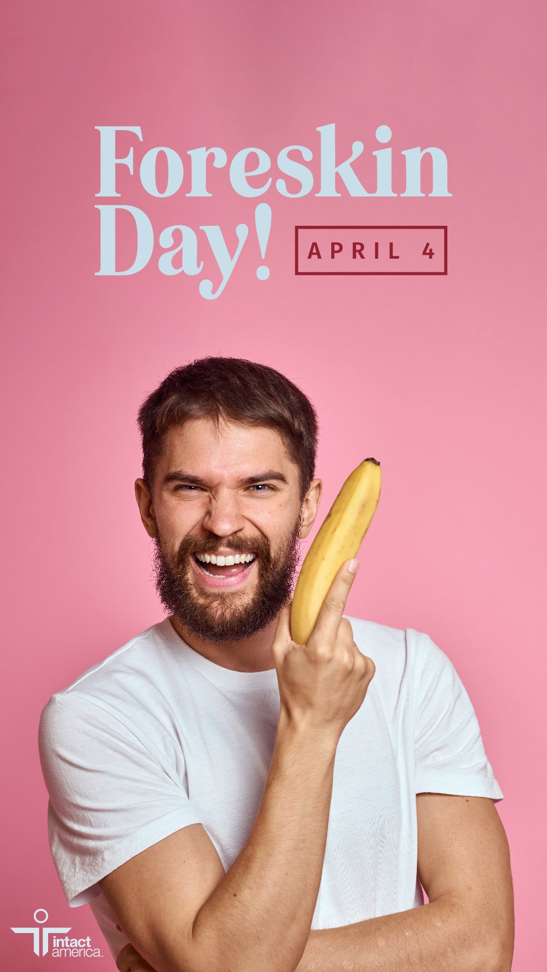 Image of a man holding a banana with the Foreskin Day logo above it'