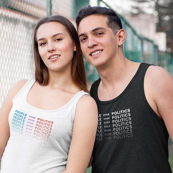 Two people wearing tank tops with the text 'People over politics'