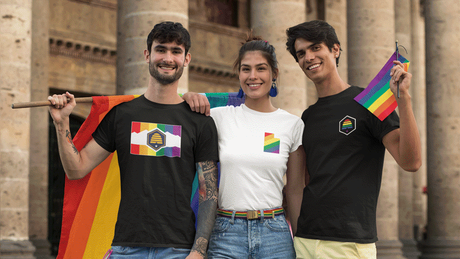 Three people wearing shirts with the new Utah flag overlayed with various pride flag colors. The gif shows multiple variations