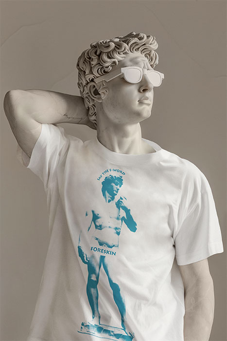 Shirt with the Statue of David and the text 'say the f-word: foreskin'