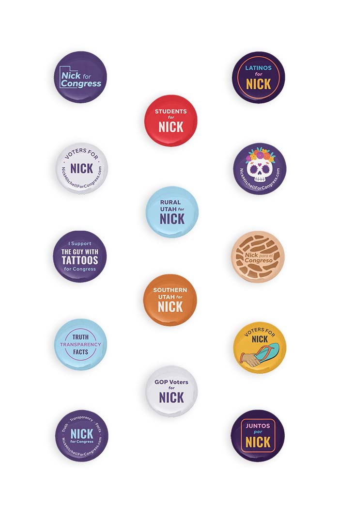 Set of 14 buttons, each with a different, branded design