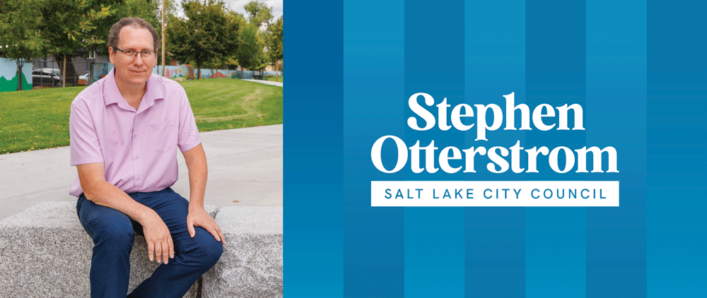 Image of man sitting with blue gradient overlays and the text 'Stephen Otterstrom, Salt Lake City Council'