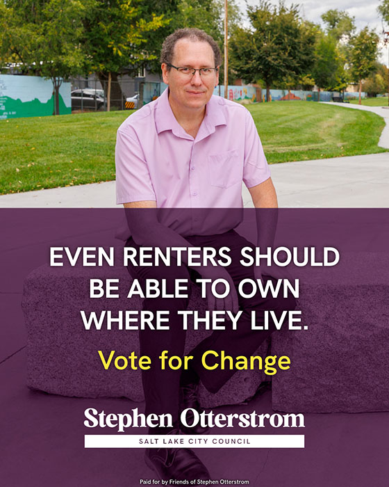 Image of man sitting outside with the text 'Even renters should be able to own where they live. Vote for change.'