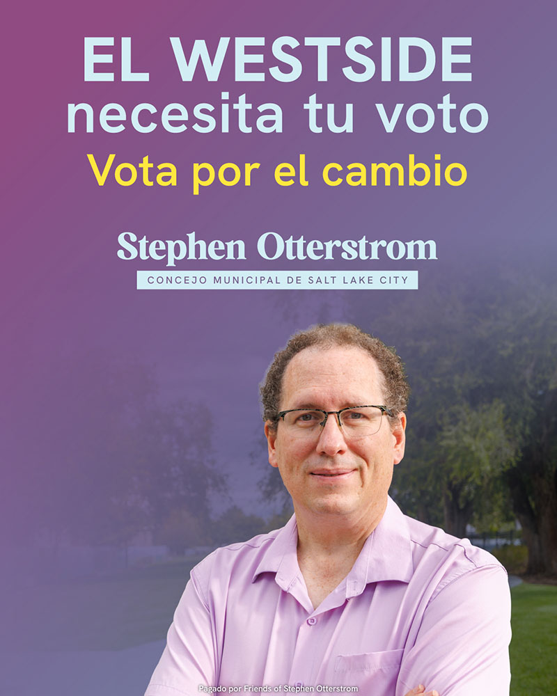 Image of man standing outside with the text 'El Westside necesita tu voto. Vota por el cambio.'