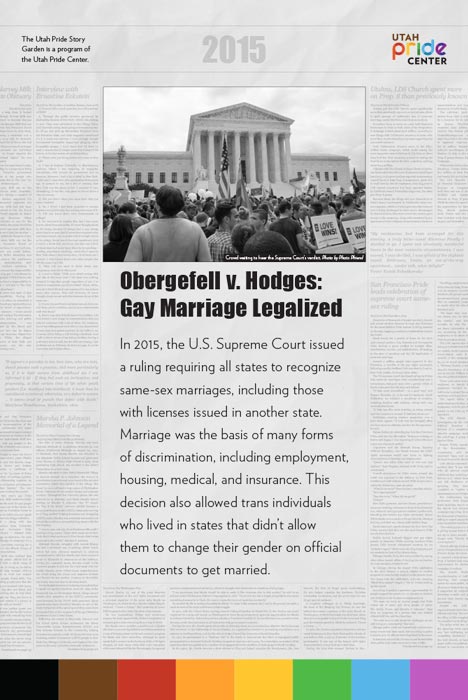 Panel with a newsprint background, images, and the text 'Obergefell v. Hodges: Gay Marriage Legalized' with an explanation beneath