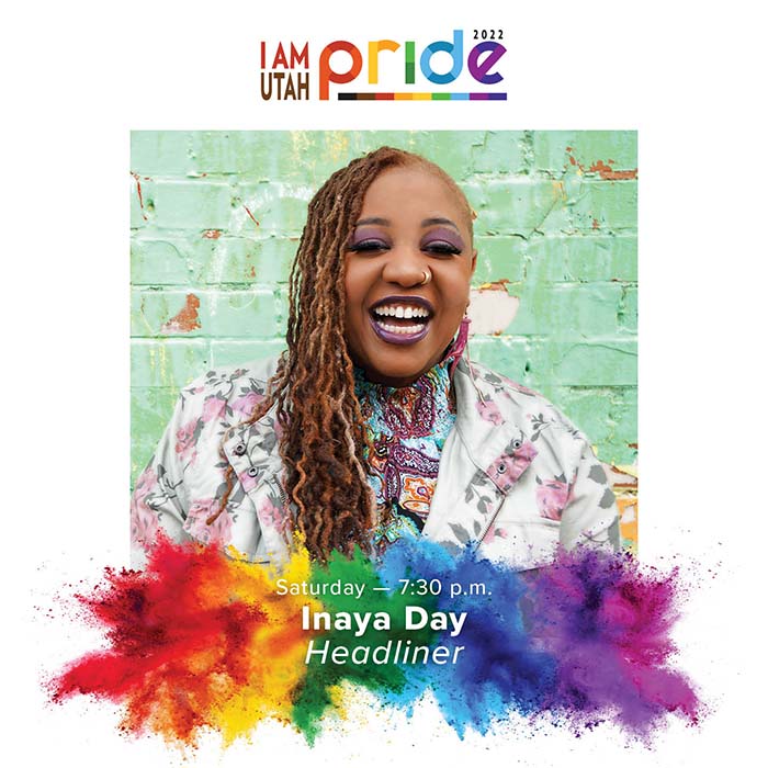 Headshot of artist Inaya Day with a rainbow burst overlayed