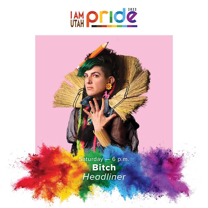 Headshot of artist Bitch with a rainbow burst overlayed