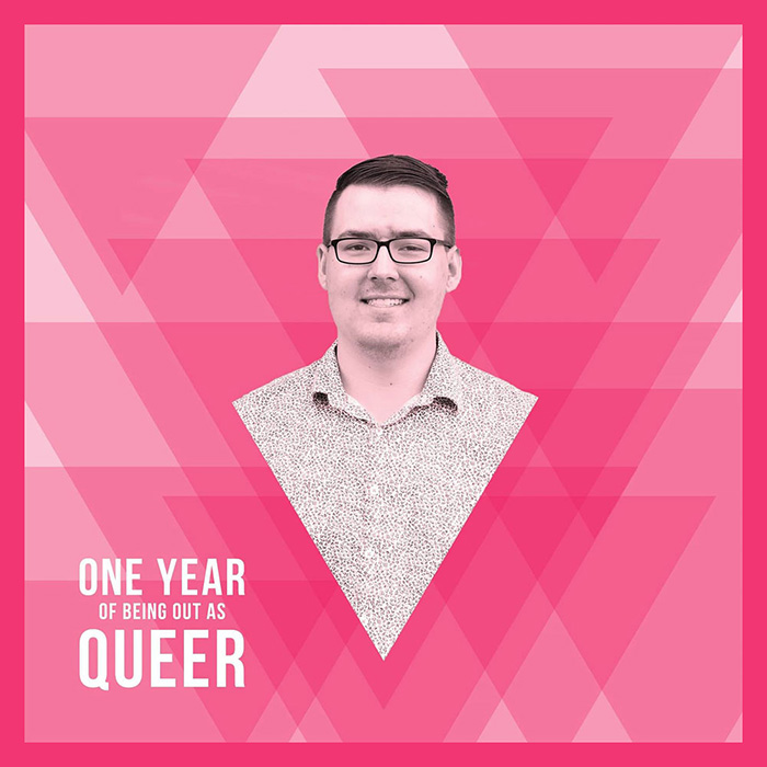 A portrait on top of a background of pink triangles with the text 'One year of being out as Queer'