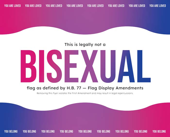 Poster that says 'This is legally not a BISEXUAL flag' with a pink, purple, and blue color scheme