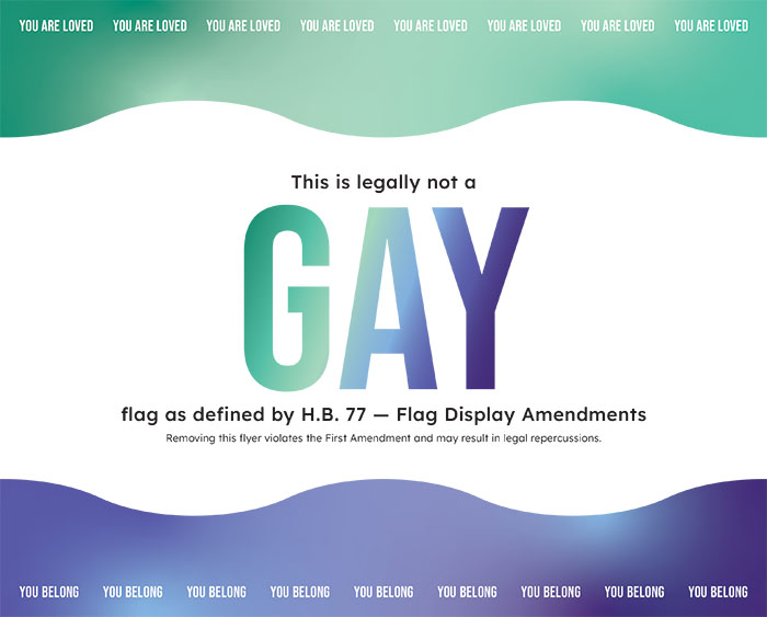 Poster that says 'This is legally not a GAY flag' with a green and blue color scheme