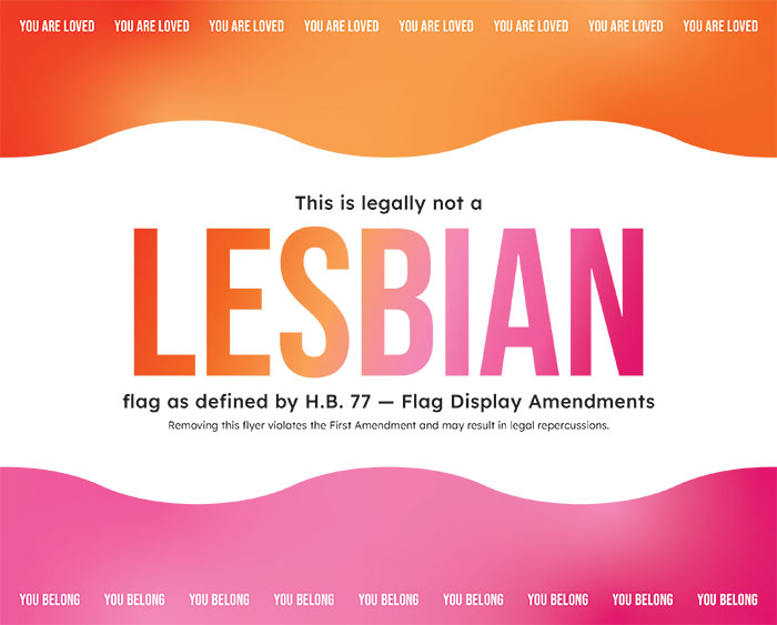 Poster that says 'This is legally not a LESBIAN flag' with an orange and purple color scheme