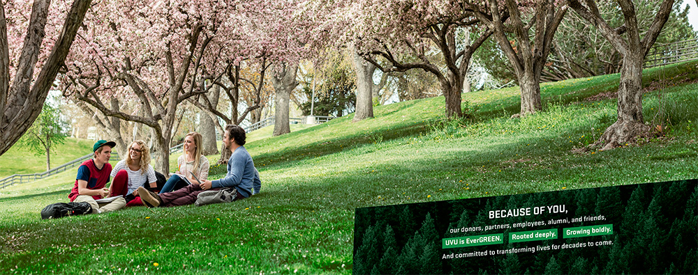 Image of students sitting outside with overlaid text