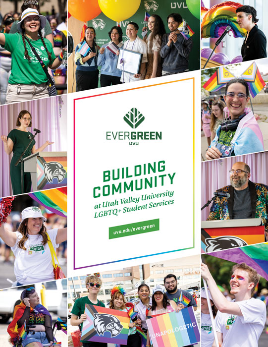 Proposal cover with colorful images from pride events and the text 'building community'
