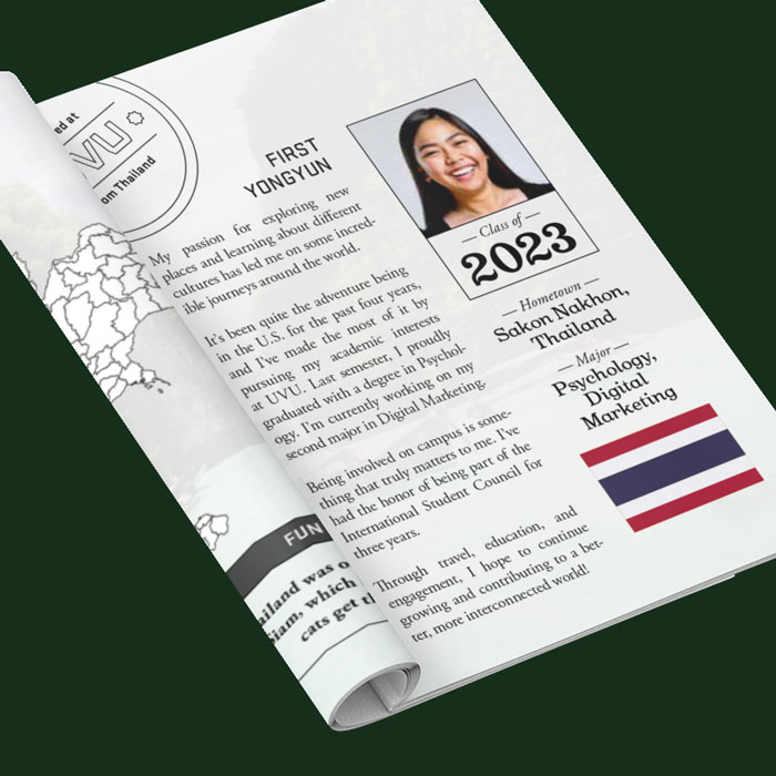 A page from the passport with text, a headshot, and information about the student featured.