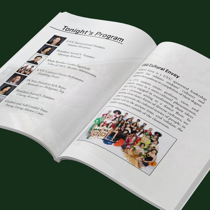 Two pages from a program with a list of speakers and text on the right.