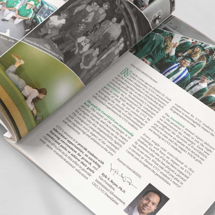 Two pages of a report with images on the left page and text on the right page