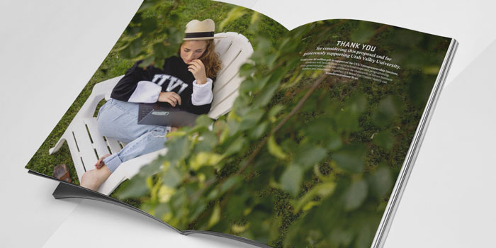 Two pages of a proposal with an image of a woman in a chair surrounded by greenery covering the whole thing. There is text on the upper right side.