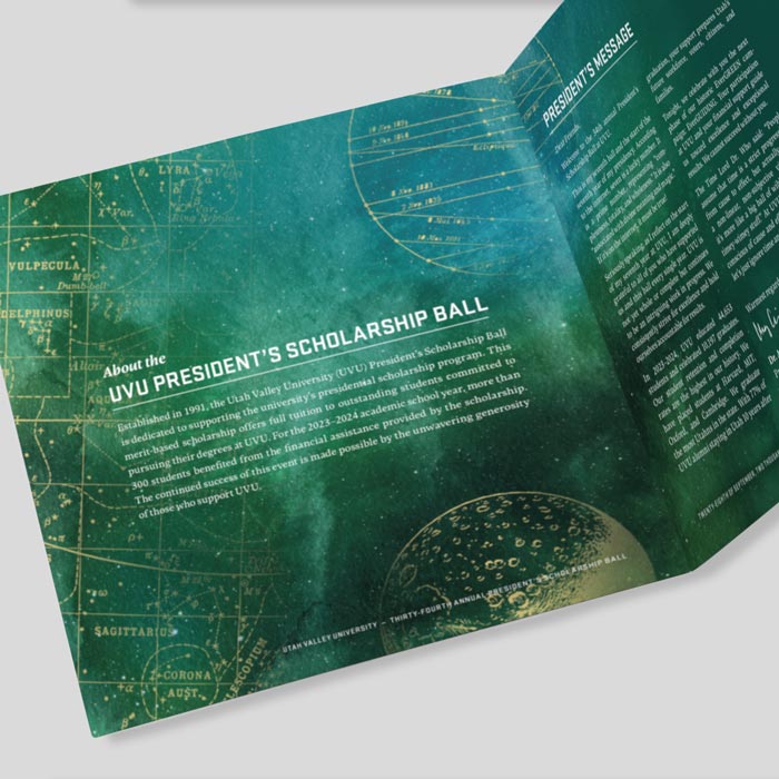 Two pages from a program with a green starry background and white text on both pages