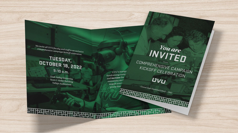 Folded invitation with green overlay on top of images