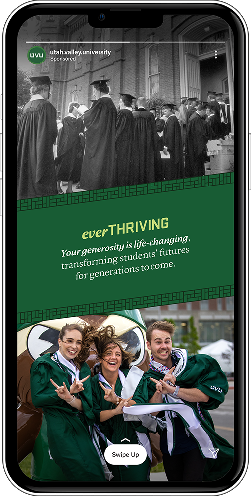 Phone with a historic image on top and a newer image on bottom with text in the middle