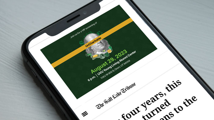 Phone with a digtal ad that contains event collage and event information