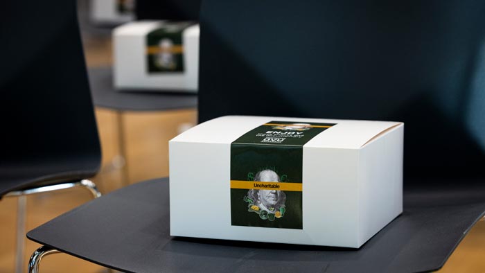 A box with a branded sticker
